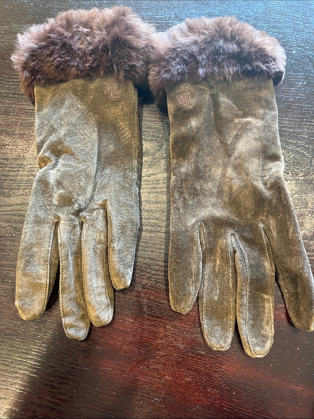 Ralph Lauren Dark Brown Suede Gloves with Fur Cuff